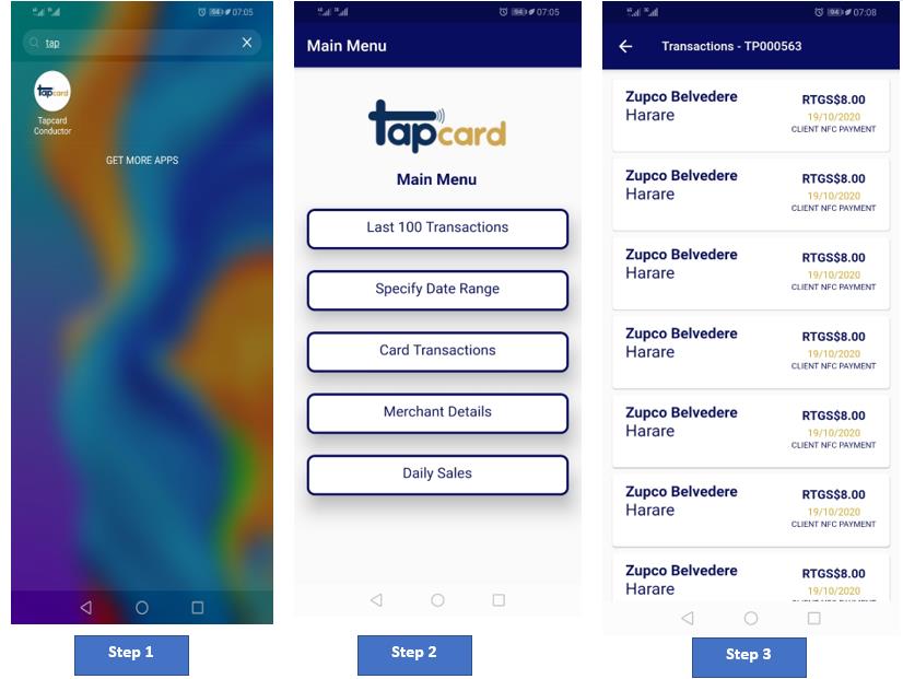 Tapcard Conductor mobile app screens