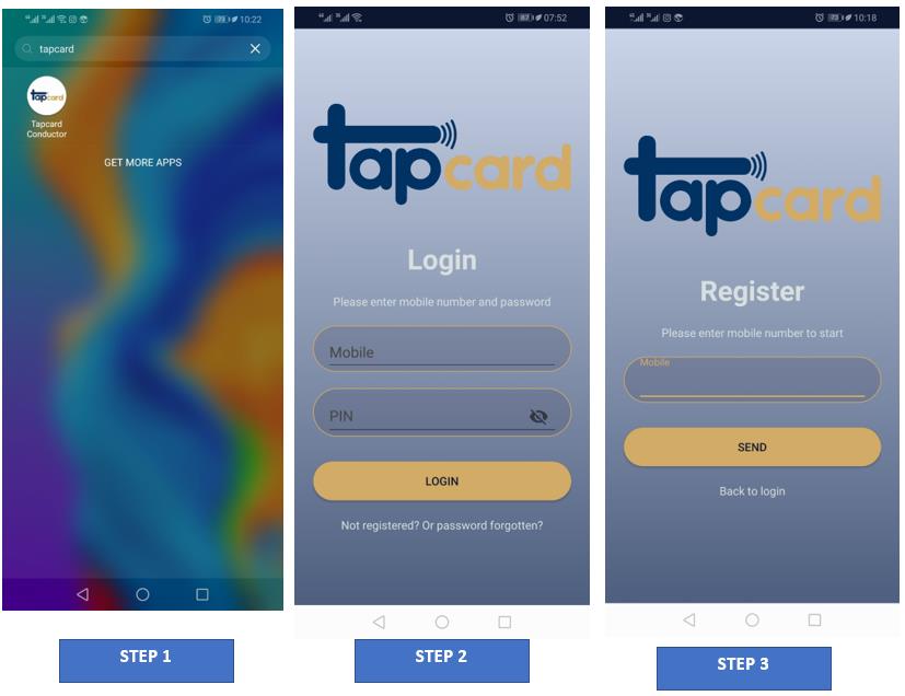 Tapcard passenger mobile app screens